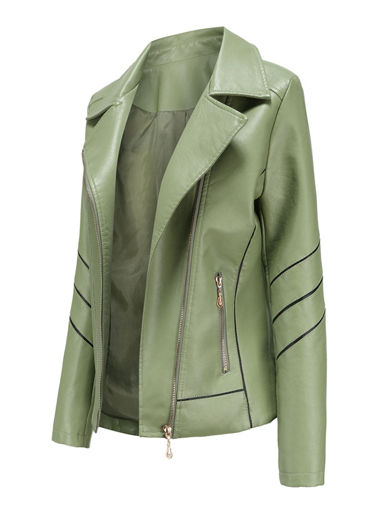 Turn Down Collar Long Sleeve PU Leather Motorcycle Jacket