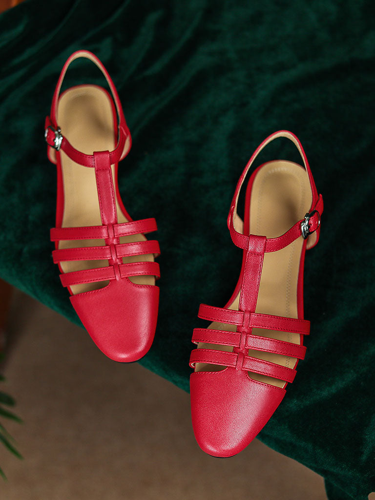 Flats Sandals Round Toe Hollow Belt Leather Vintage Shoes