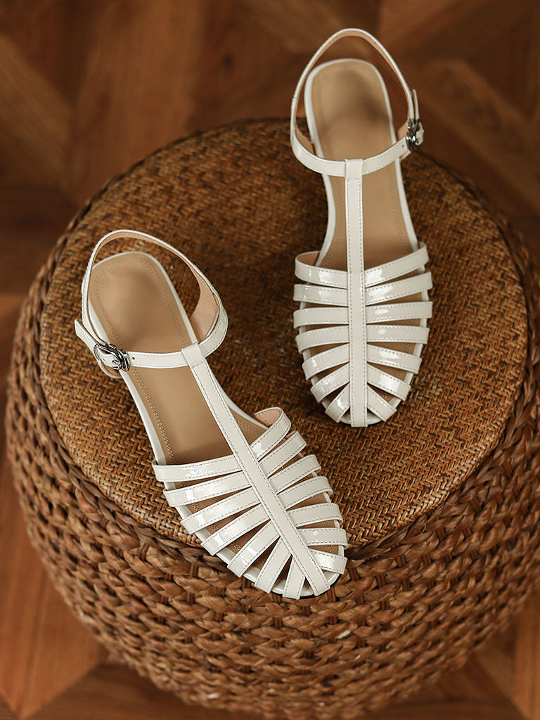 Flats Sandals Pointed Toe Hollow Belt Leather Vintage Shoes