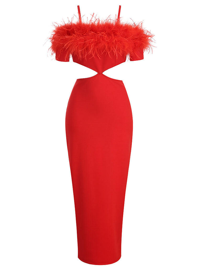 Black Spaghetti Strap Feather Off The Shoulder Bodycon Dress Gown Party Dress