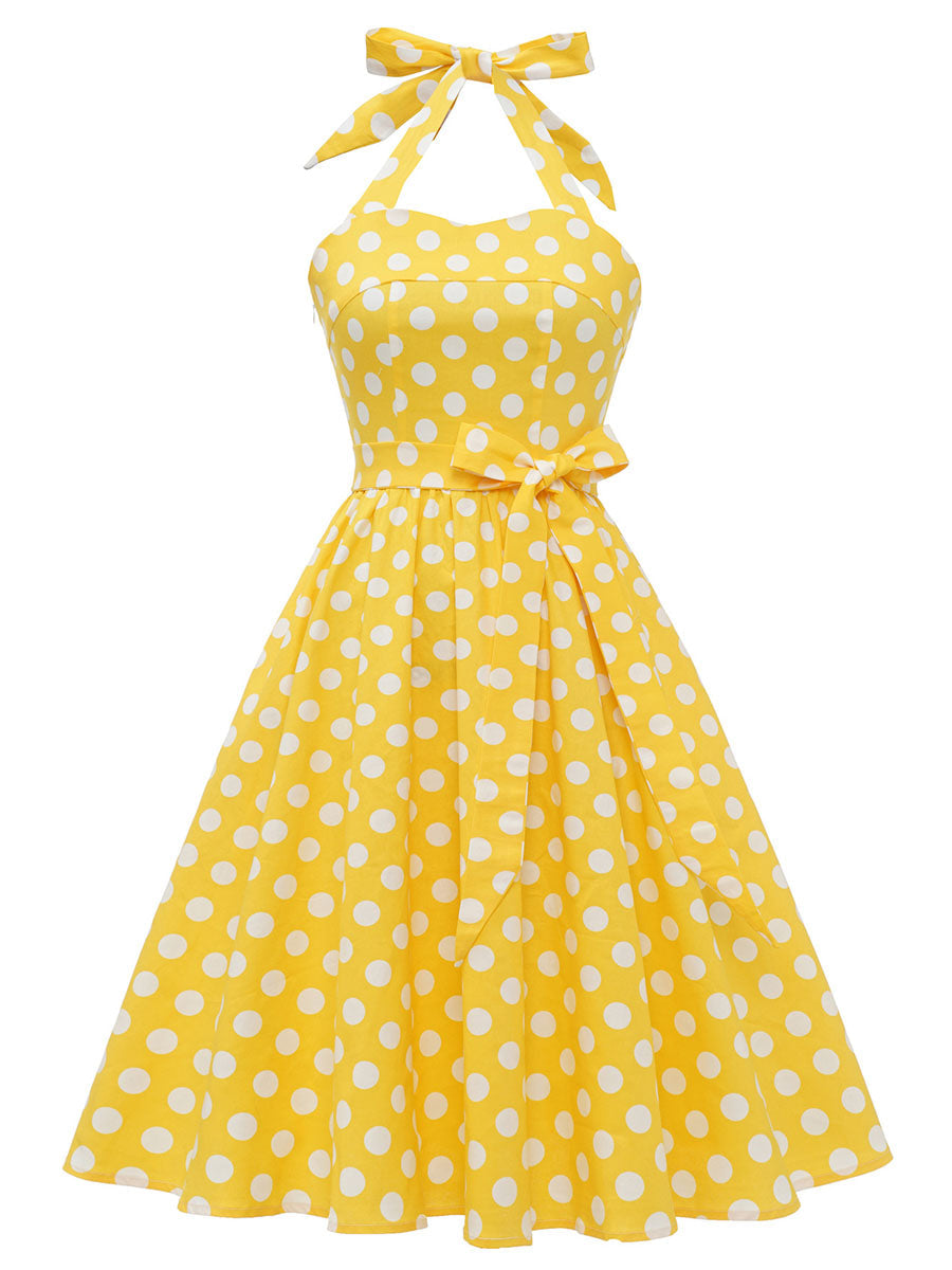 Blue And White Polka Dots Vintage Halter 1950S Dress