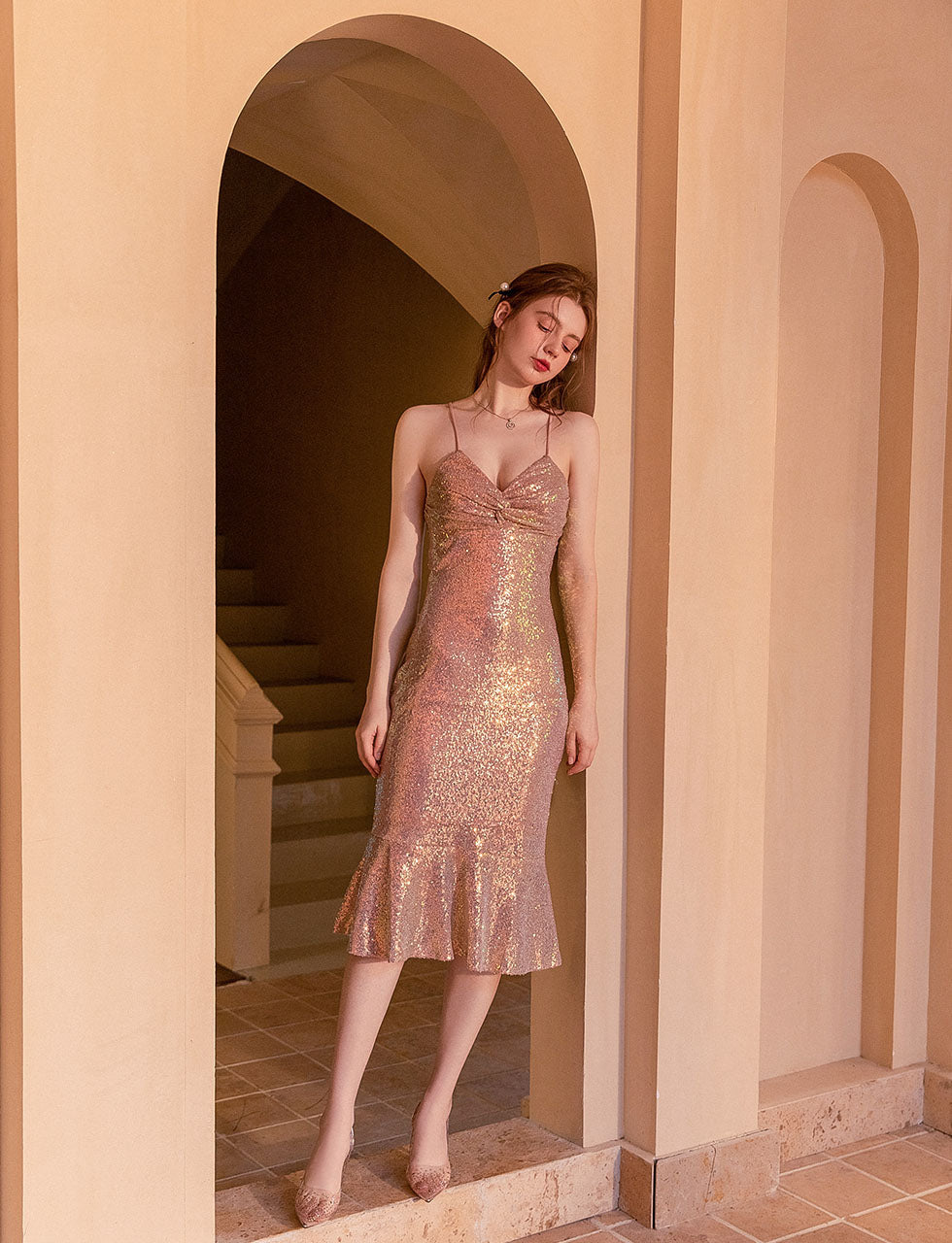 V Neck Sequined Mermaid Dress