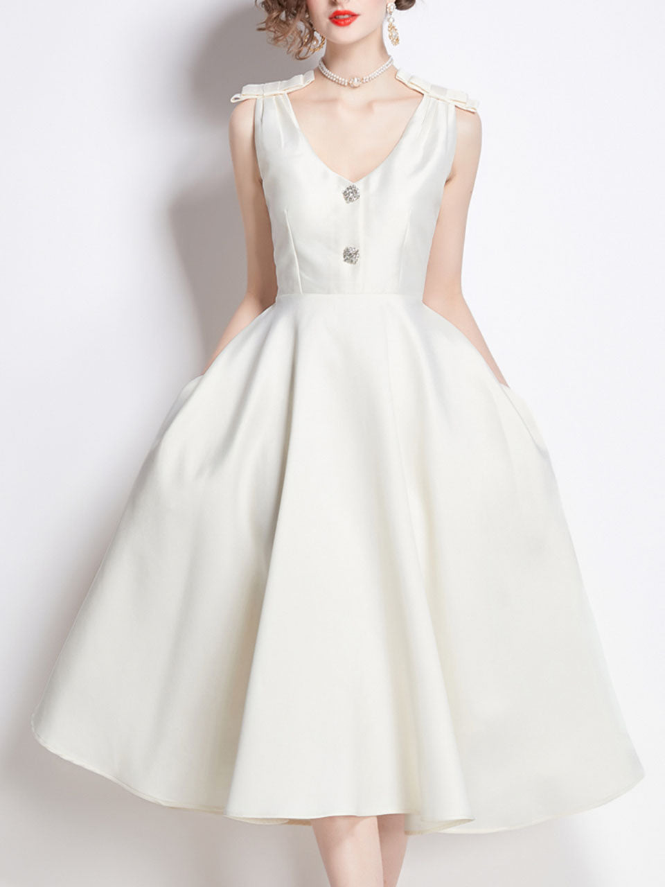 Rose Luxury Button V Neck High Waist Swing Party Dress