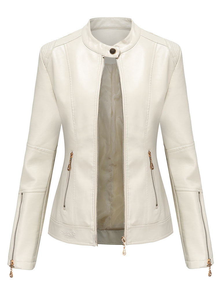 Light Green Long Sleeve PU Leather Motorcycle Jacket For Women