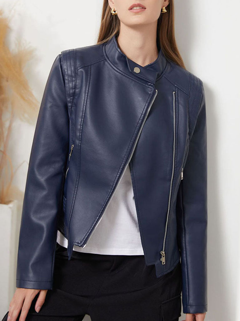Navy Long Sleeve PU Leather Motorcycle Jacket