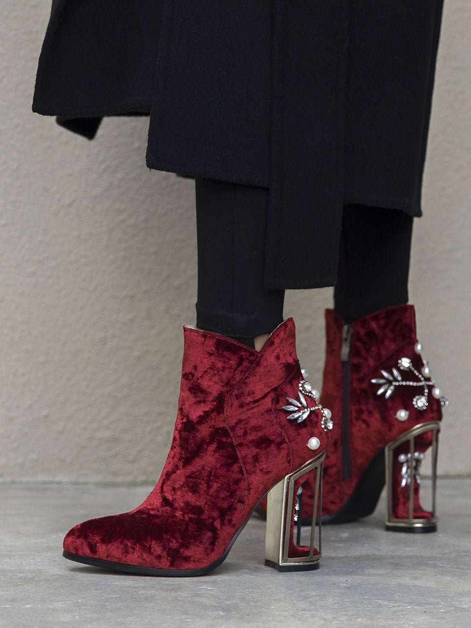 9CM Luxury Pearls And Diamonds Flowers Chunky High Heel Bootie Vintage Shoes