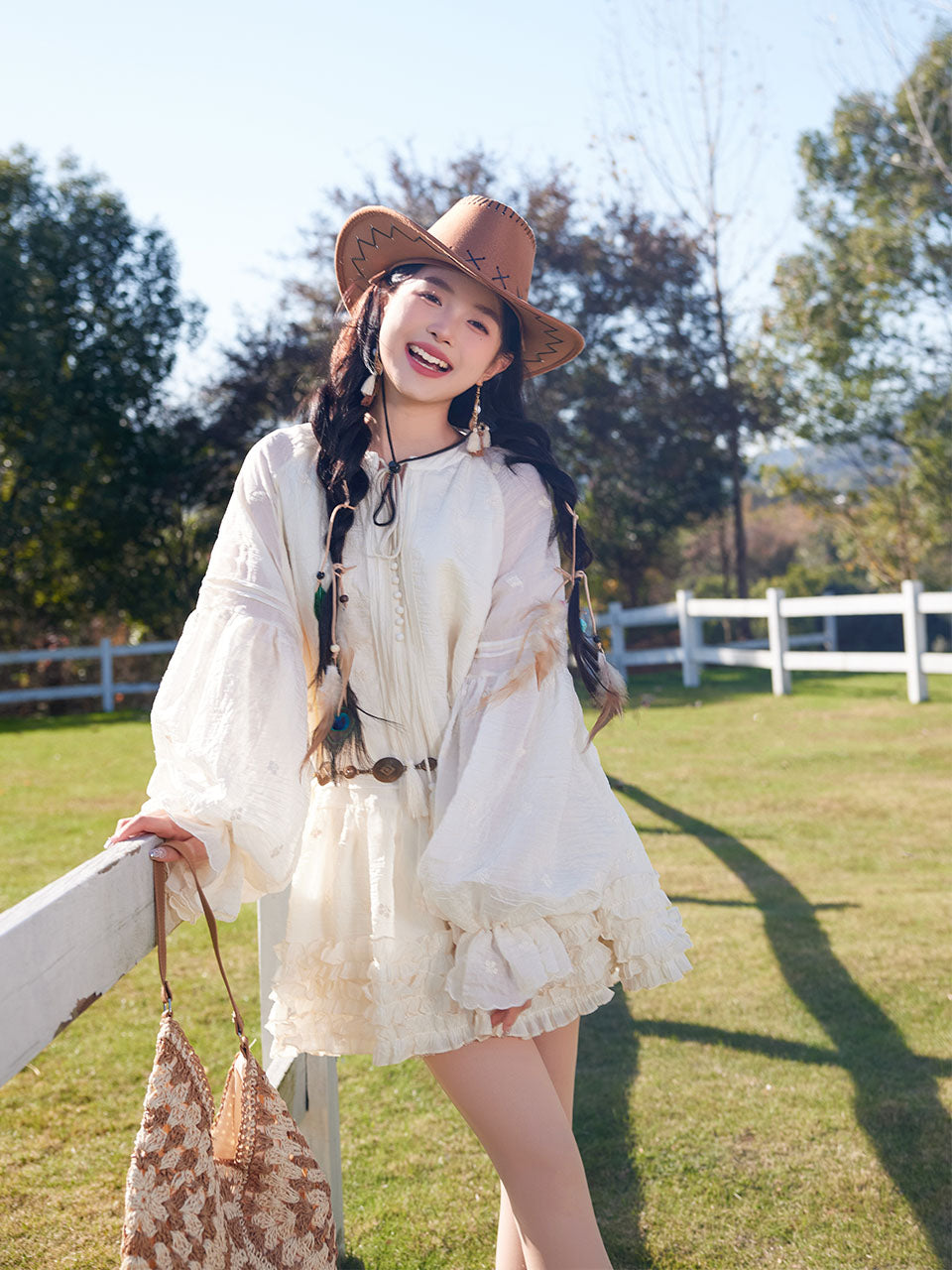 Bohemian White Long-sleeved Mini Dress