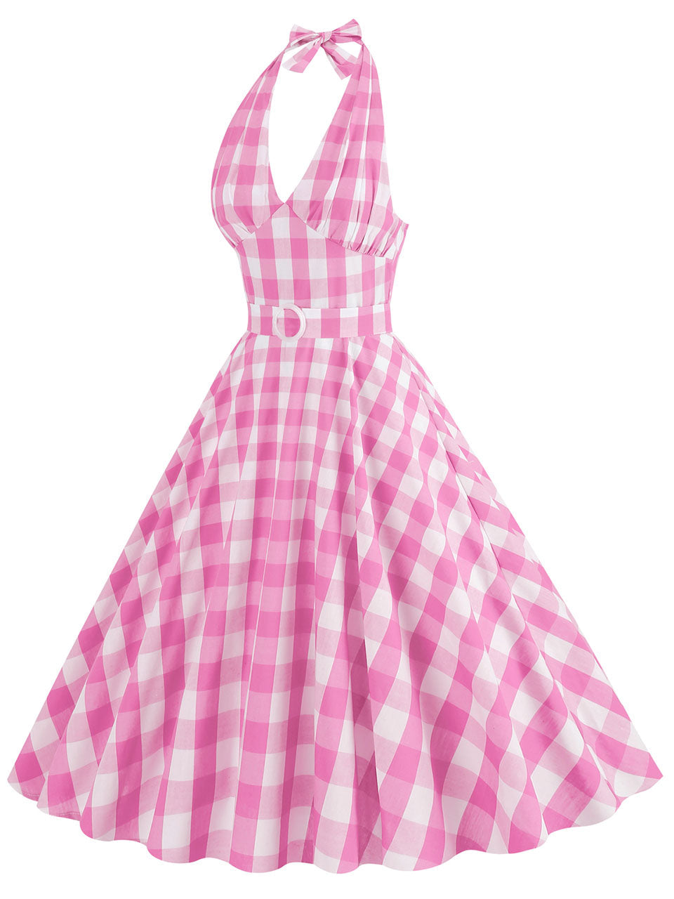 Pink And White Plaid Halter Deep V Neck 1950S Vintage Dress