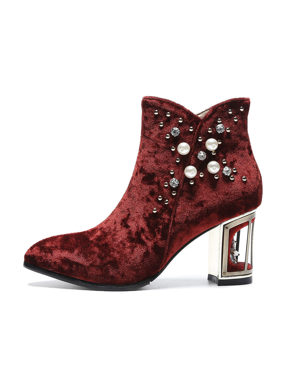 7CM Luxury Pearls And Diamonds Chunky High Heel Bootie Vintage Shoes