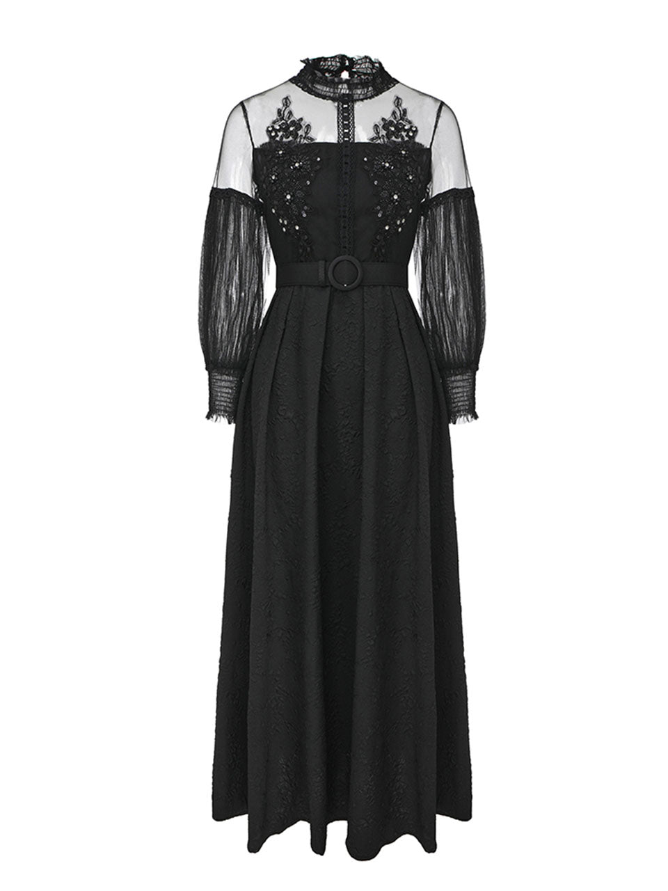 Gothic Black Semi-Sheer Lace Long Puff Sleeve Dress
