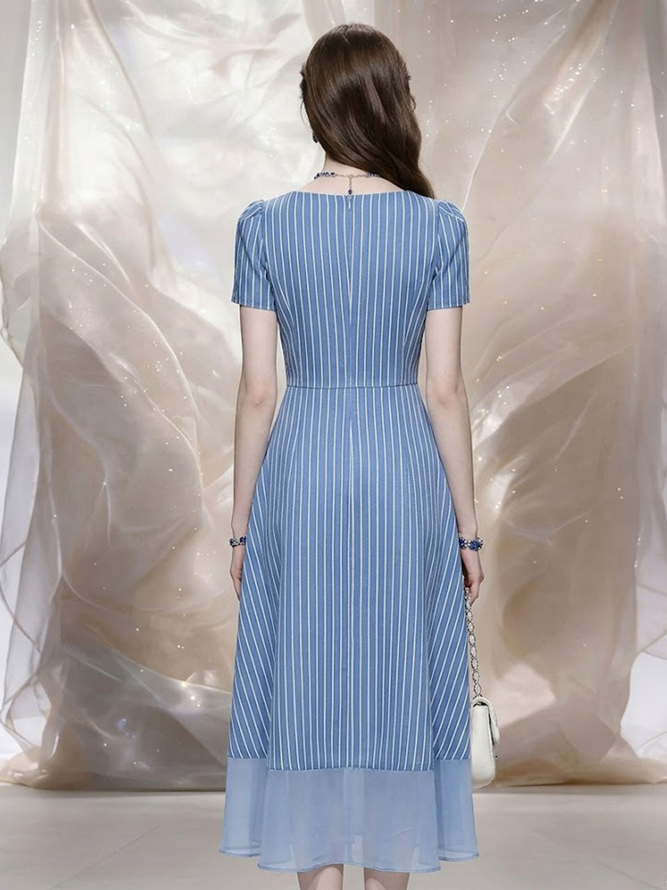 1950s Retro Square Neck Blue Pinstripe Swing Dress