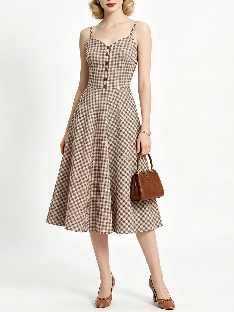 1950s Green Gingham Button Front Spaghetti Strap Swing Summer Picnic Dress