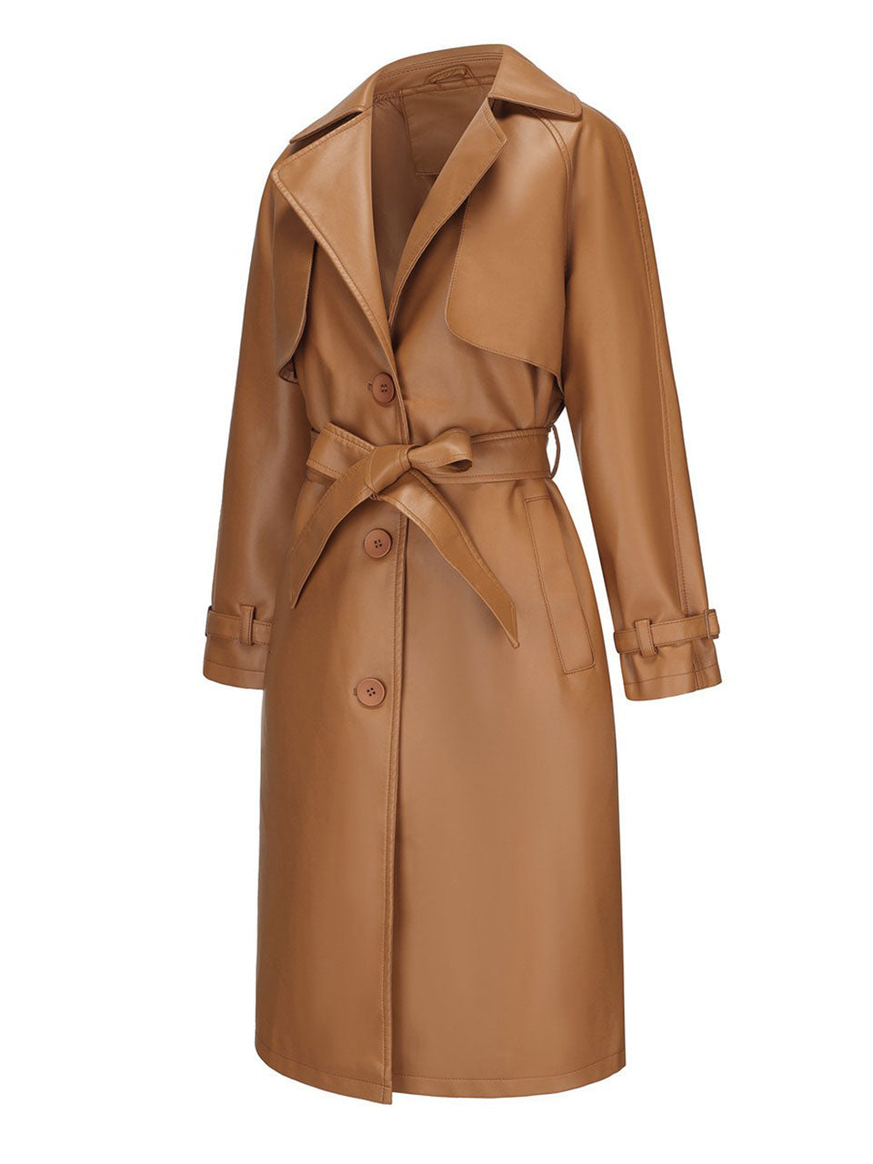 Faux Leather Trench Coat | Long Caramel Tan PU Leather Windbreaker Jacket