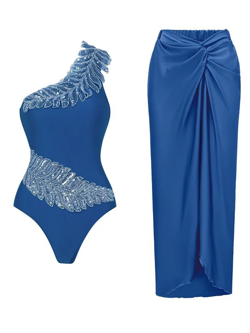 Royal Blue One Shoulder Beaded Feather One Piece Monokini