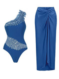 Royal Blue One Shoulder Beaded Feather One Piece Monokini