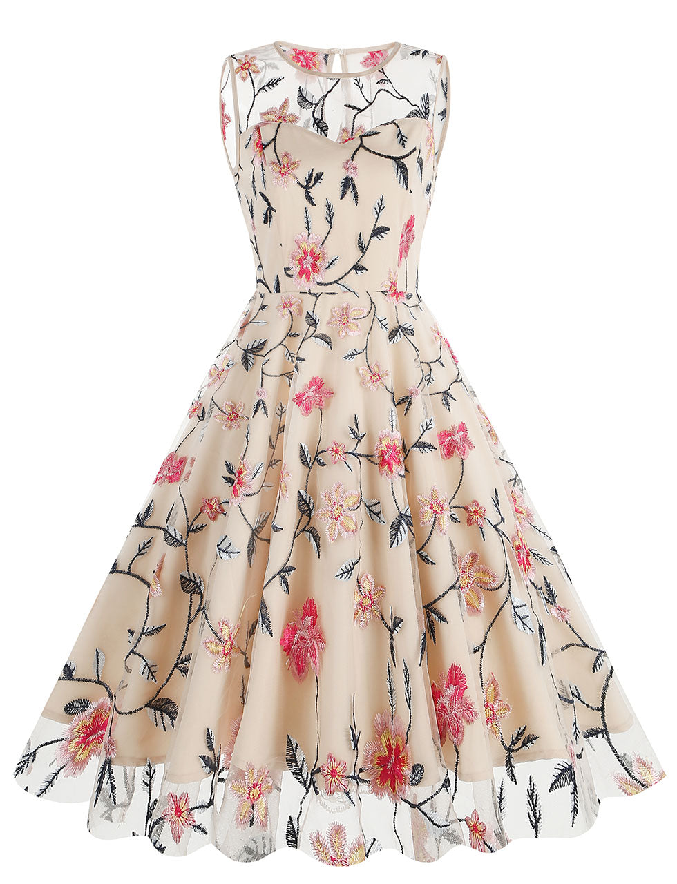 Lake Blue Semi Mesh Rose Embroidered Sleeveless 50S Swing Dress
