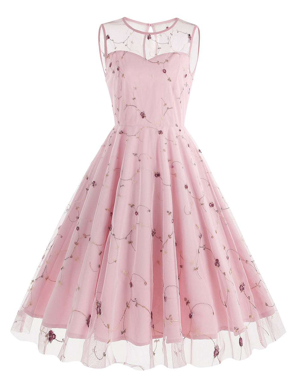Lake Blue Semi Mesh Flower Embroidered Sleeveless 50S Swing Dress