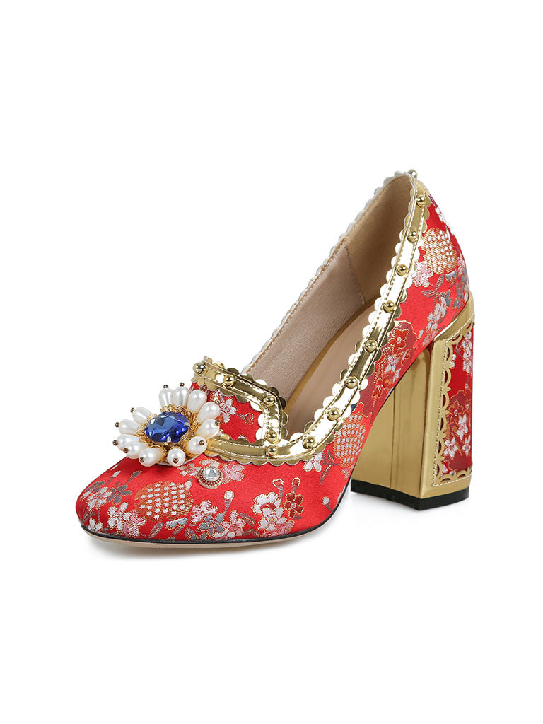 10CM Luxury Pearls And Diamonds Chunky Heels Retro Shoes