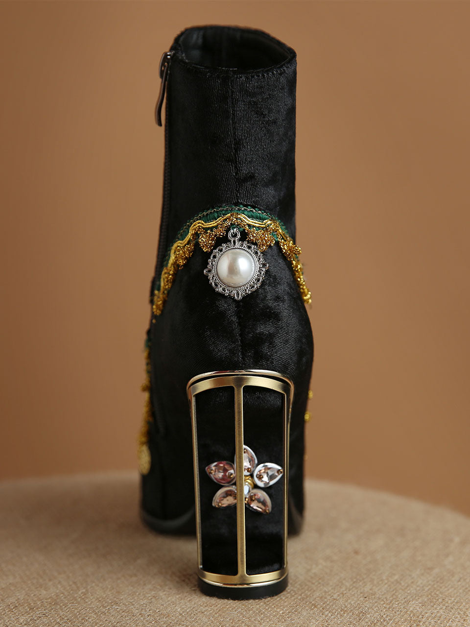 10CM Luxury Velvet Chunky High Heel Bootie Vintage Shoes