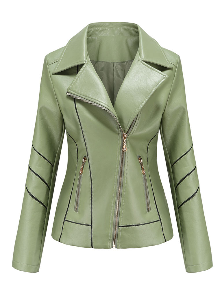 Turn Down Collar Long Sleeve PU Leather Motorcycle Jacket