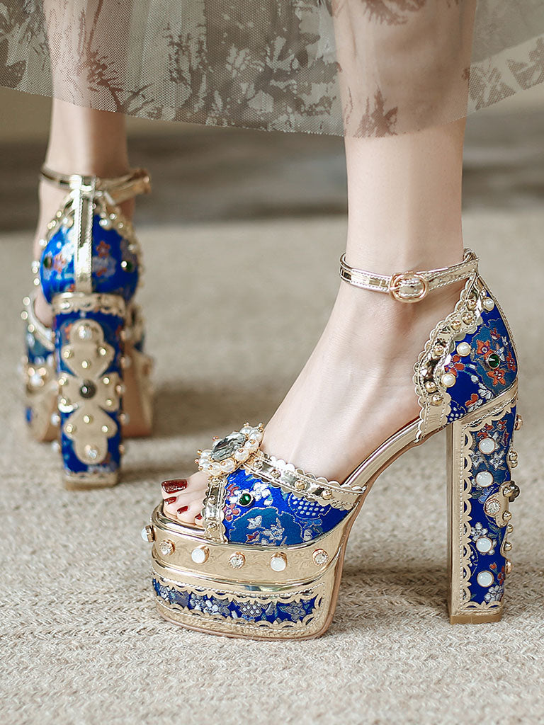 14CM Platform Luxury Flower Chunky Heels Sandals Retro Shoes