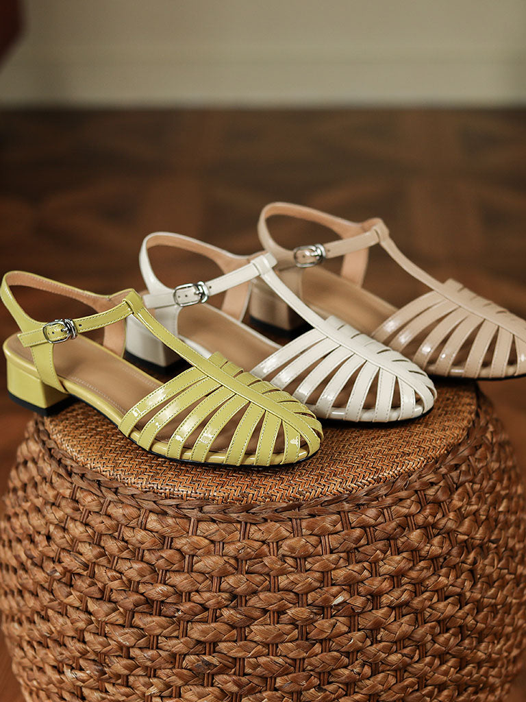 Flats Sandals Pointed Toe Hollow Belt Leather Vintage Shoes