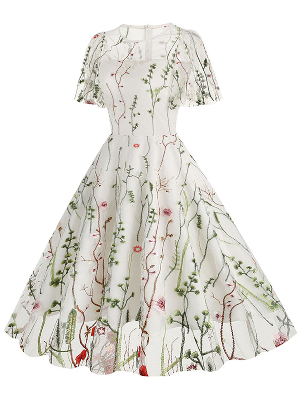 Wine Red Semi Mesh Flower Embroidered Short Sleeve 50S Swing Dress