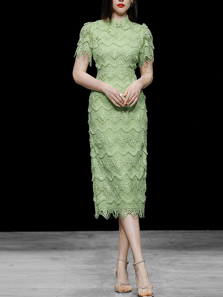 Green Heavy Lace Fabric Embroidered Tassel 1940S Vintage Dress