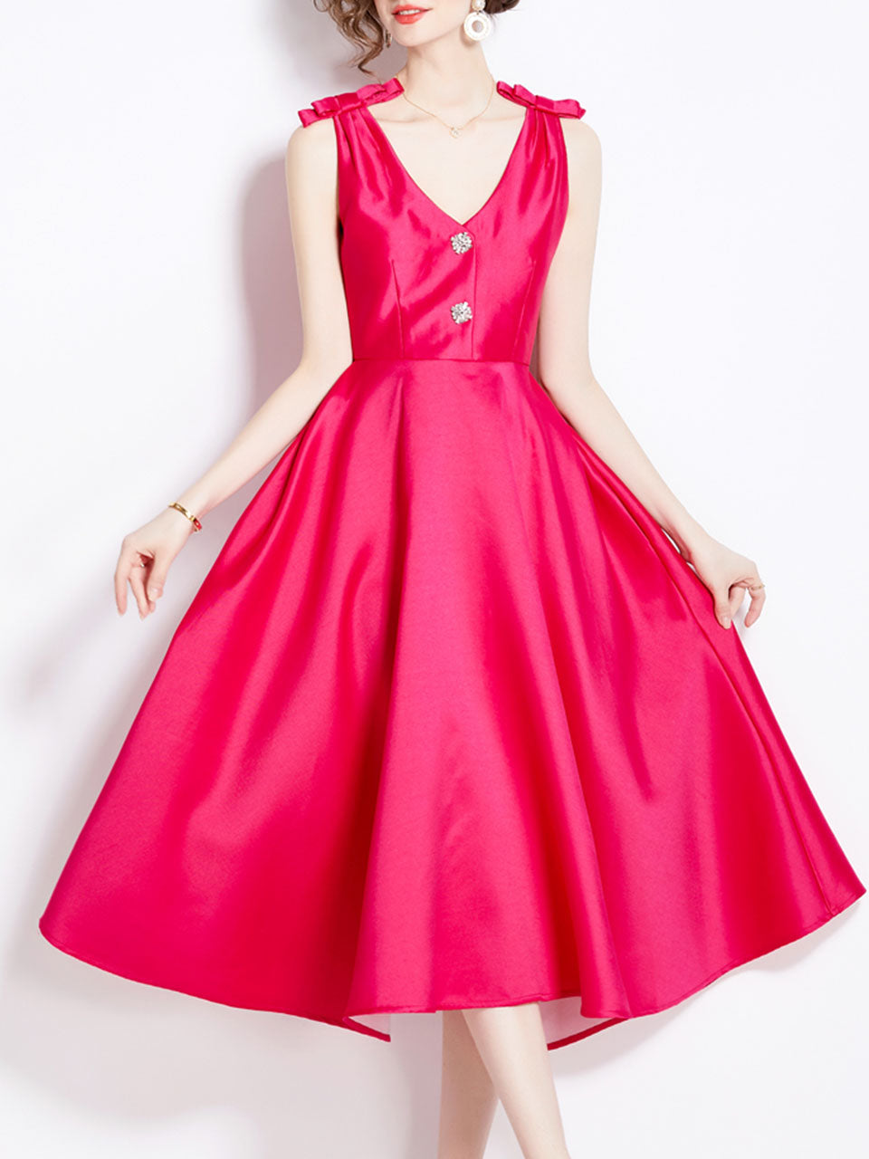 Rose Luxury Button V Neck High Waist Swing Party Dress