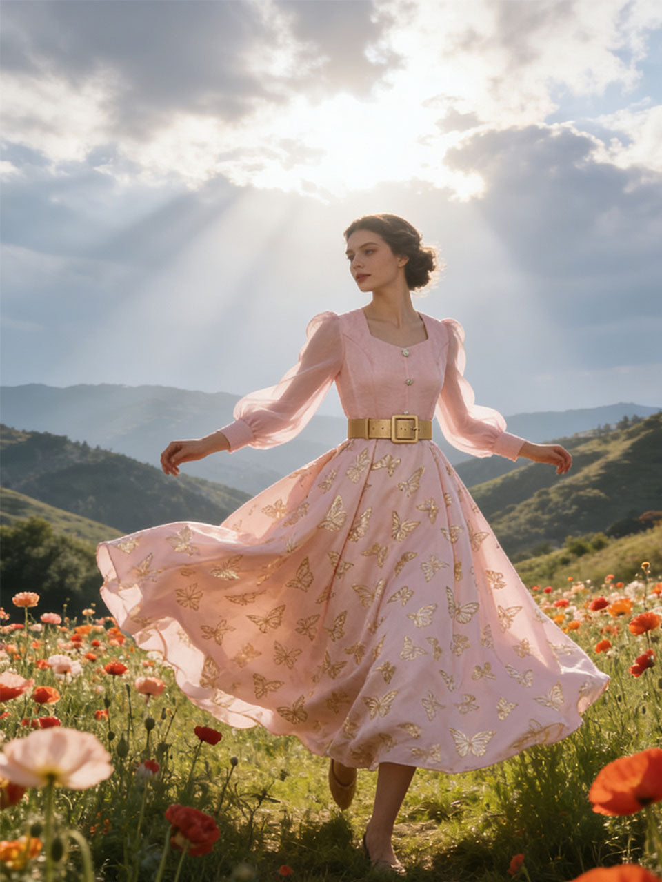 Gold Foil Butterfly Print Pink Vintage Square Neck Maxi Dress