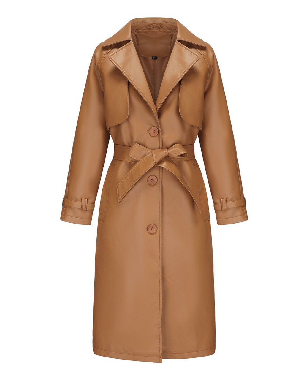 Faux Leather Trench Coat | Long Caramel Tan PU Leather Windbreaker Jacket