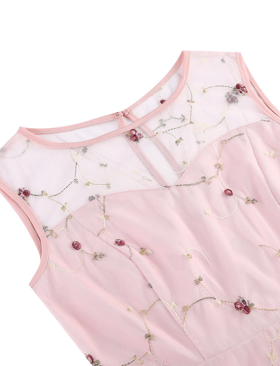 Lake Blue Semi Mesh Flower Embroidered Sleeveless 50S Swing Dress