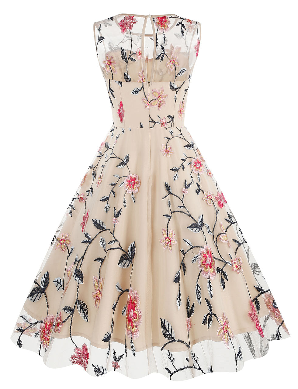 Lake Blue Semi Mesh Rose Embroidered Sleeveless 50S Swing Dress