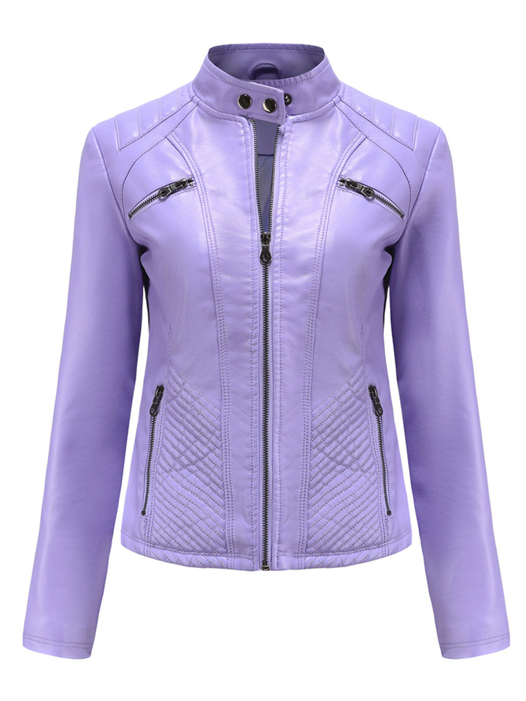 Pink Long Sleeve PU Leather Motorcycle Jacket For Women