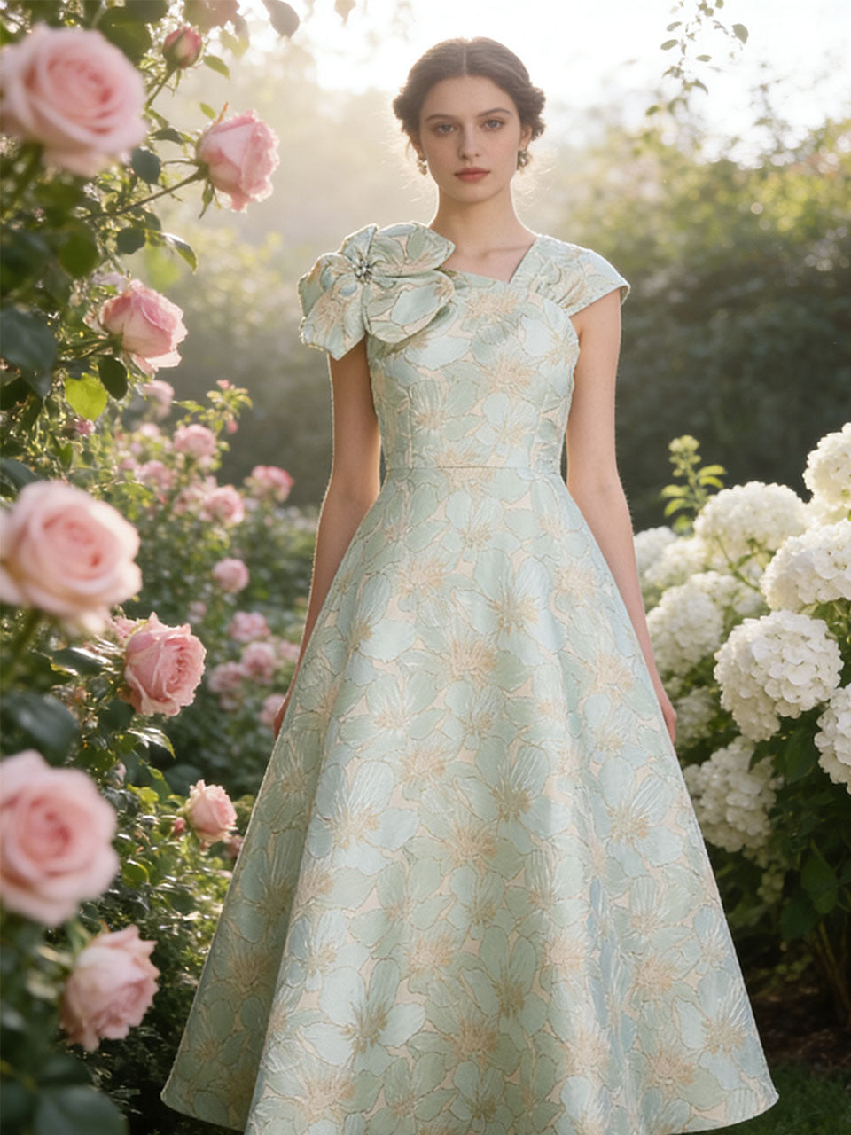 Light Green Luxury 3D Floral Jacquard One Shoulder Vintage Party Gown