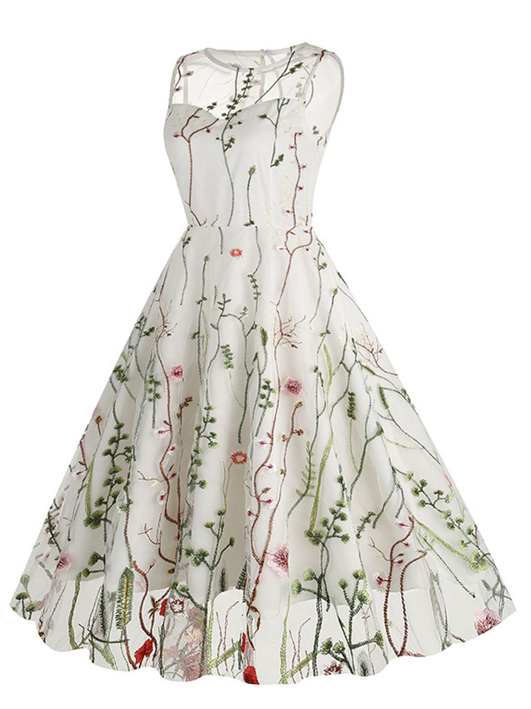 Wine Red Semi Mesh Flower Embroidered Sleeveless 50S Swing Dress