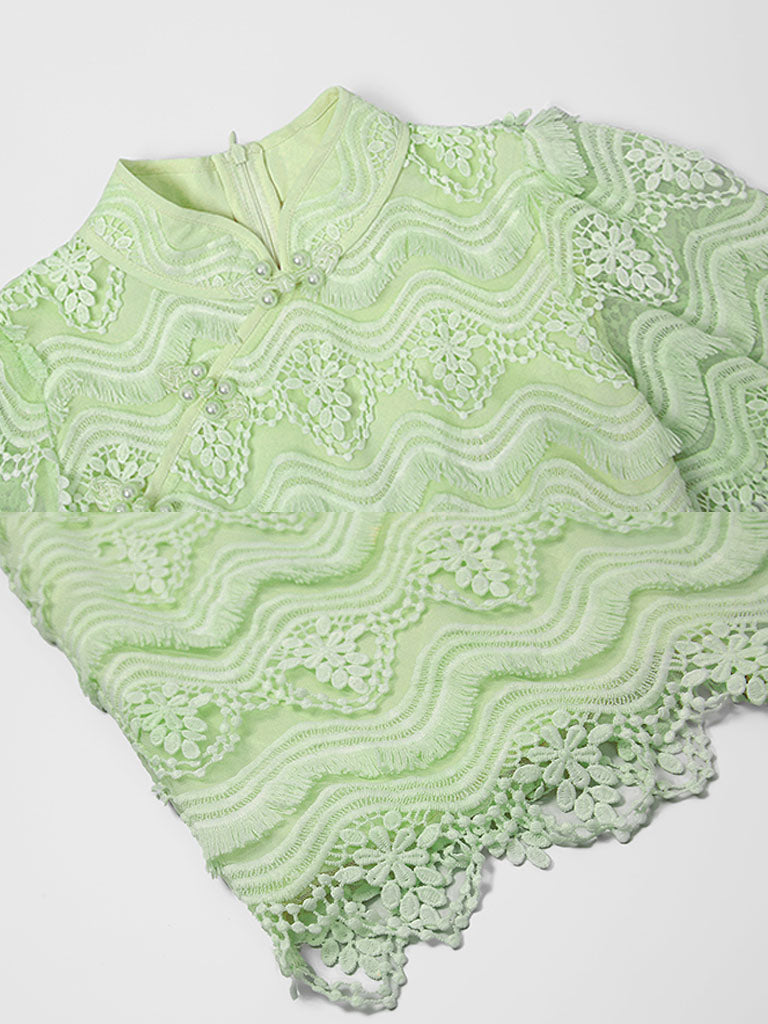 Green Heavy Lace Fabric Embroidered Tassel 1940S Vintage Dress