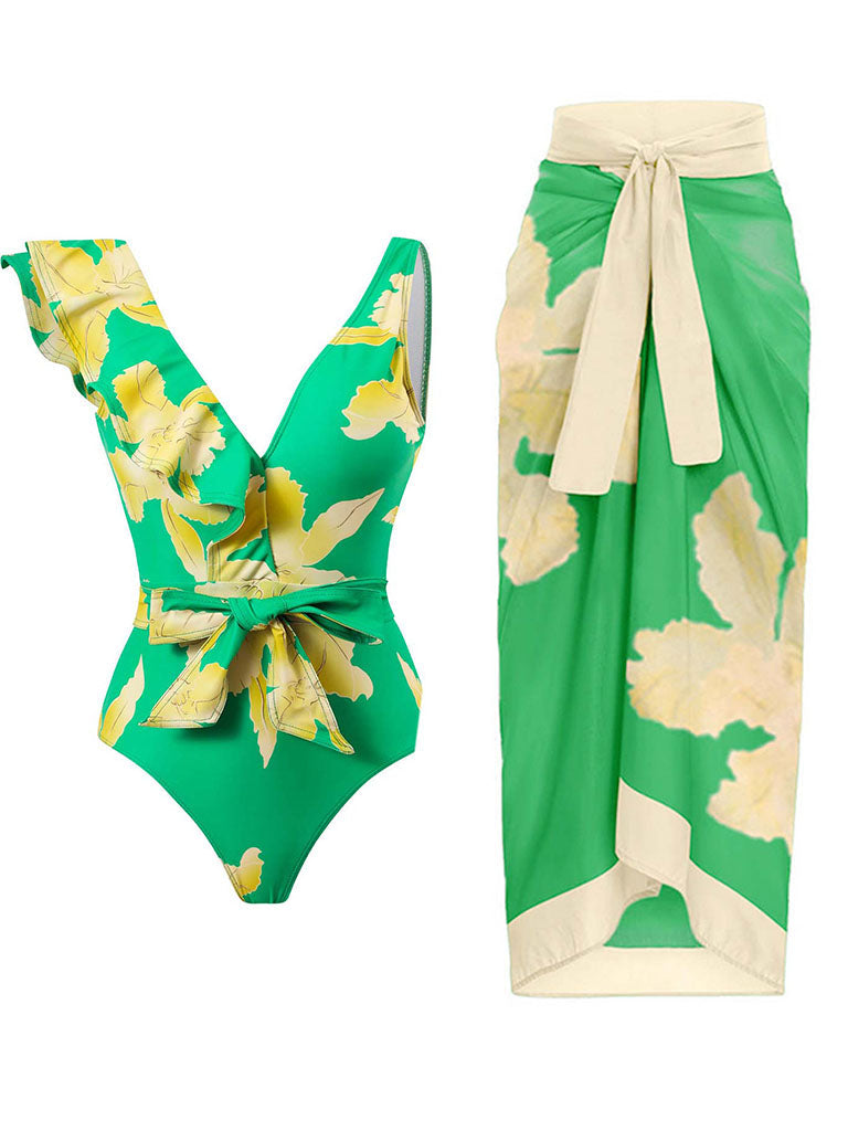 Blue Floral Print Ruffles Strap One Piece