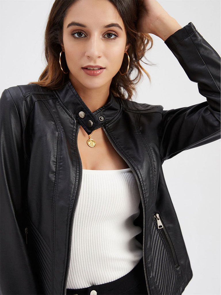 Stand Collar Long Sleeve PU Leather Motorcycle Jacket