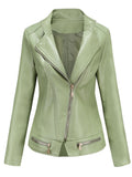 Light Green Long Sleeve PU Leather Motorcycle Jacket For Women