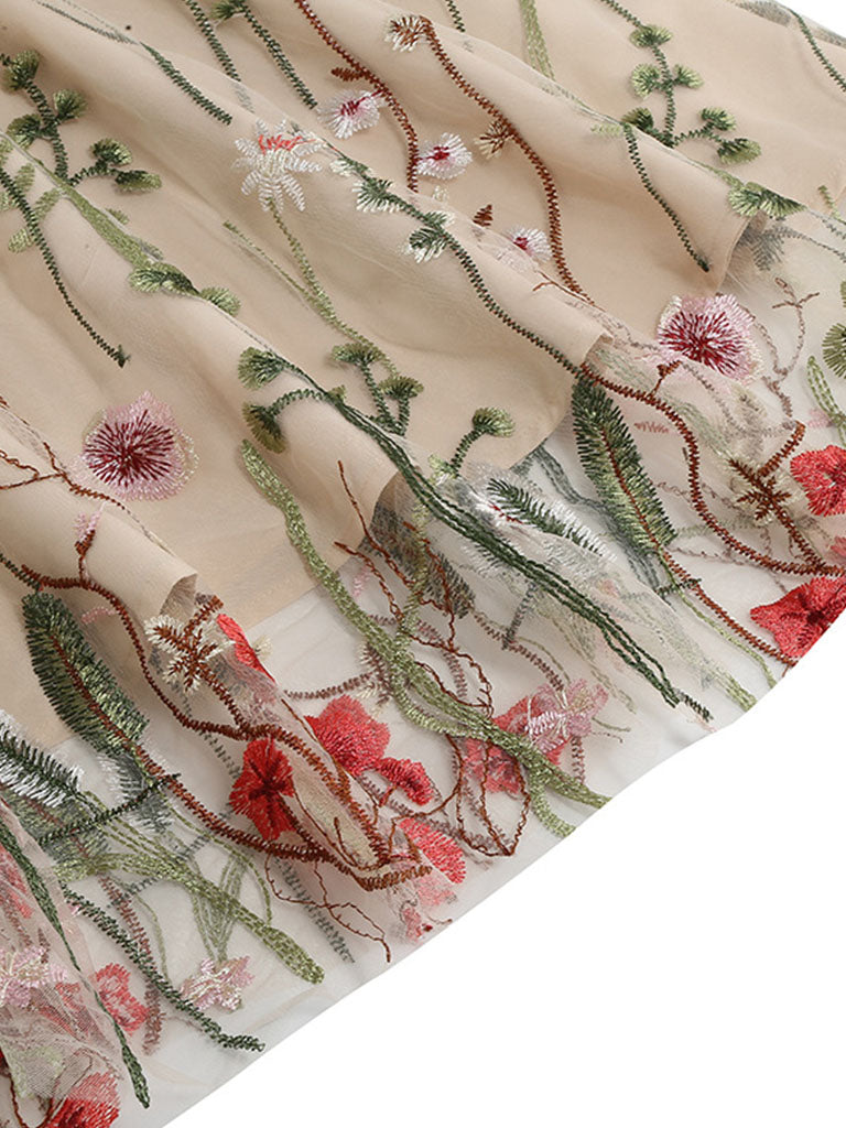 Wine Red Semi Mesh Flower Embroidered Sleeveless 50S Swing Dress