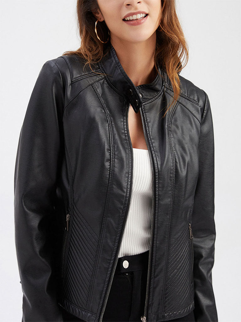 Stand Collar Long Sleeve PU Leather Motorcycle Jacket
