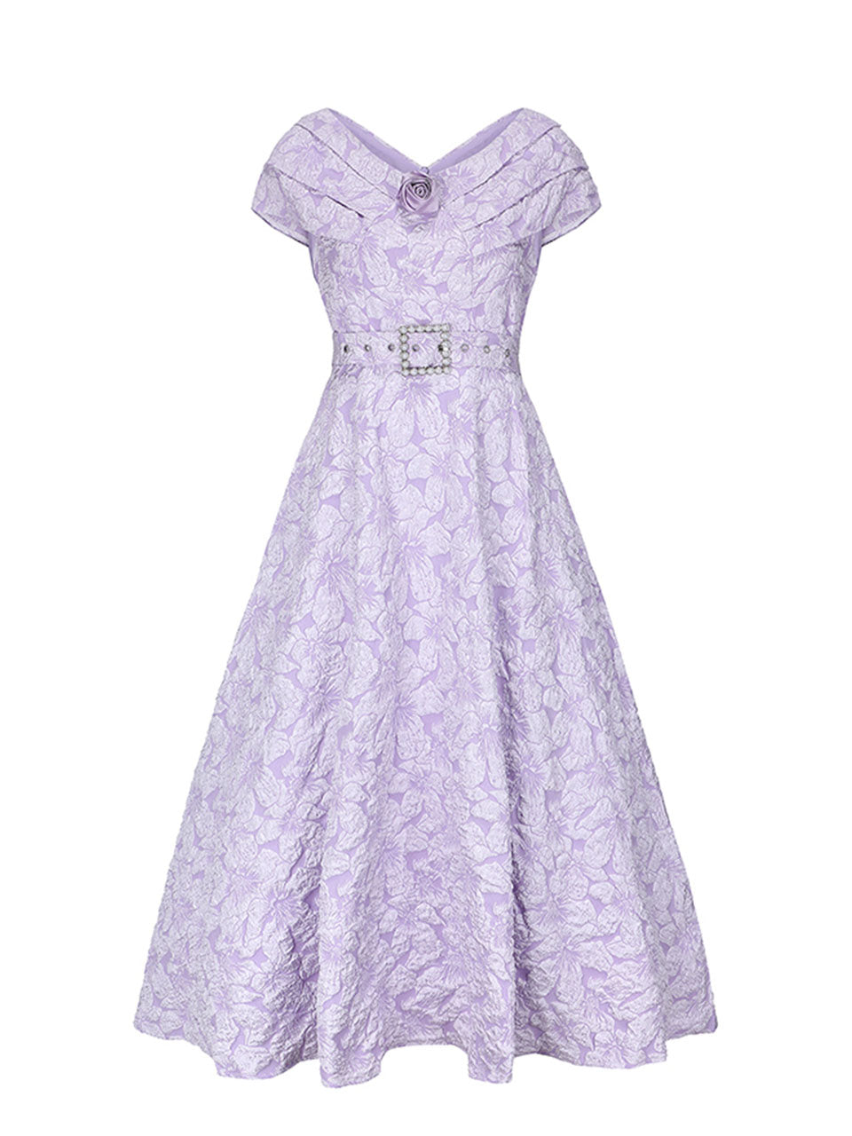 Lavender 3D Rose Vintage Pleated V-Neck Swing Dress