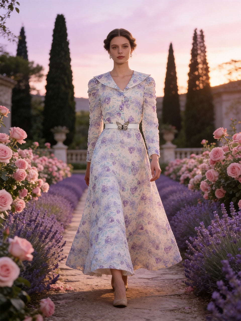 Purple Floral Print Vintage 3/4 Sleeve Dress