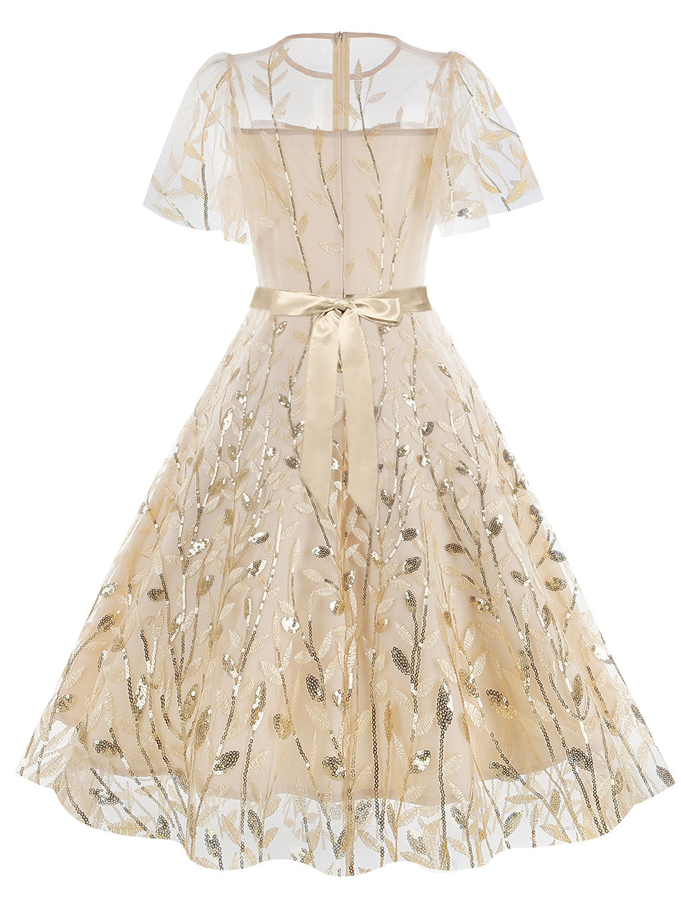 Baby Grey Semi Mesh Leaf Sequins Embroidered Short Sleeve 1950S Swing Dress