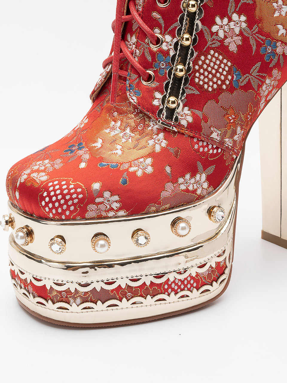 15CM Luxury Embroidered Chunky High Heel Platform Bootie Vintage Shoes