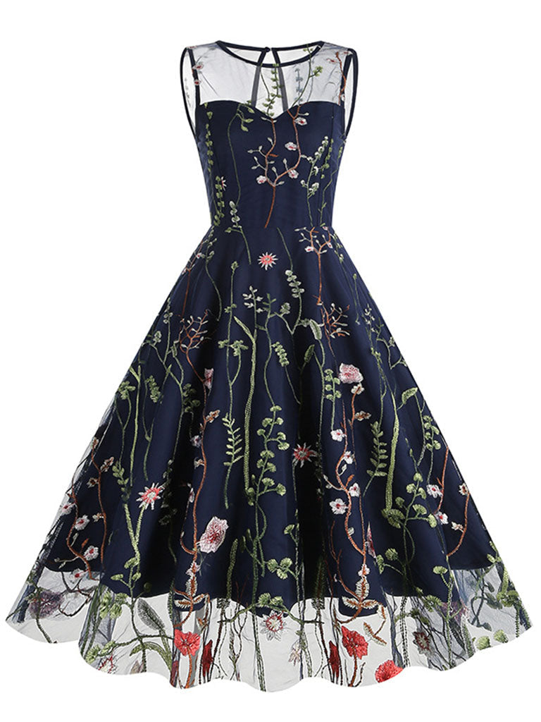 Wine Red Semi Mesh Flower Embroidered Sleeveless 50S Swing Dress