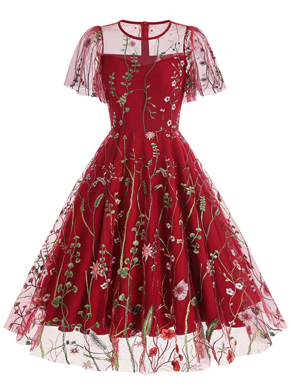 Wine Red Semi Mesh Flower Embroidered Short Sleeve 50S Swing Dress
