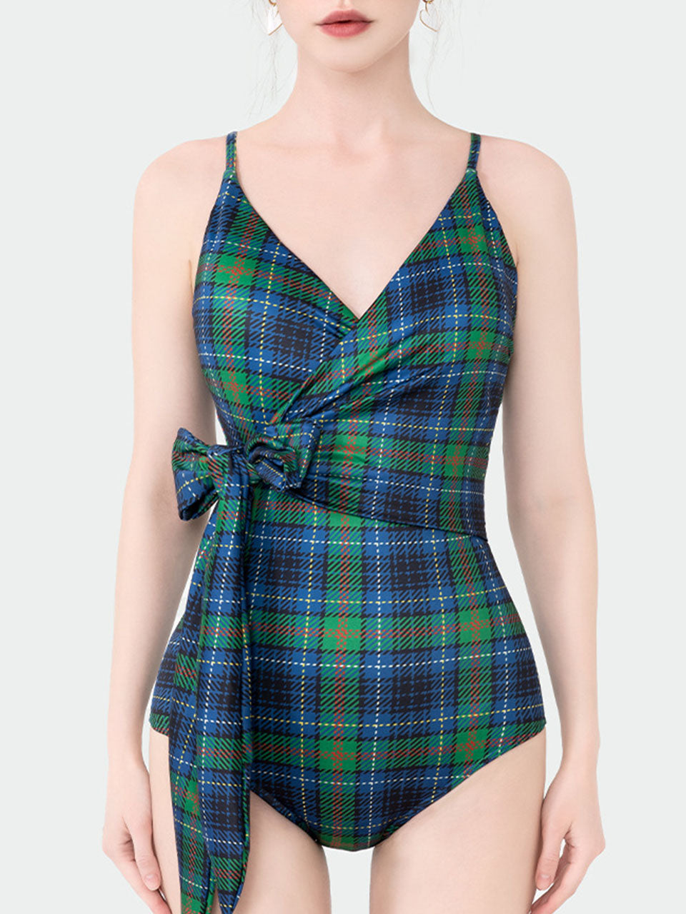 Christmas Green Plaid V Neck One Piece Swimsuit