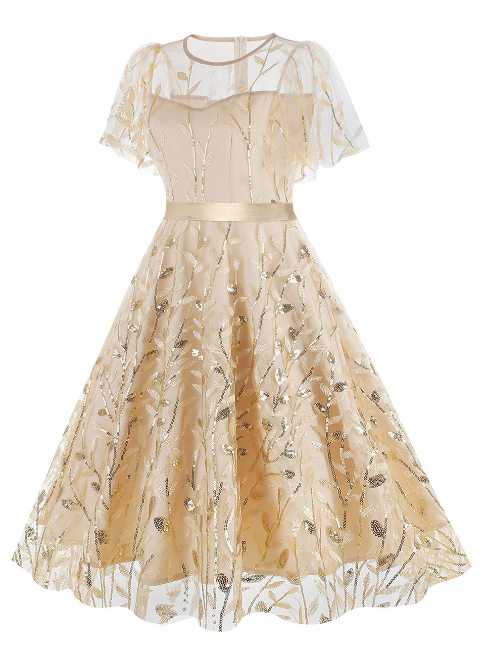 Baby Grey Semi Mesh Leaf Sequins Embroidered Short Sleeve 1950S Swing Dress